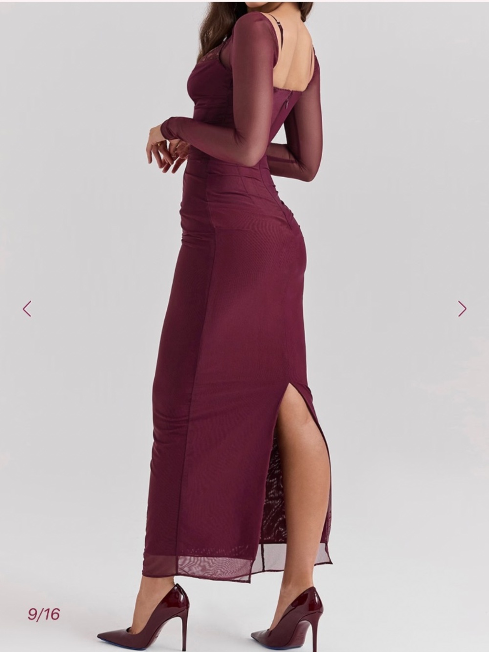House of CB Burgundy Long Sleeve Mesh Gown - Picture 3 of 12